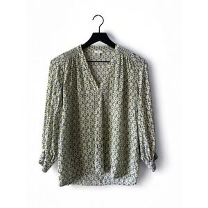 Joie Silk Boho Floral Blouse Small – Yellow & Navy Print V-Neck Long Sleeve